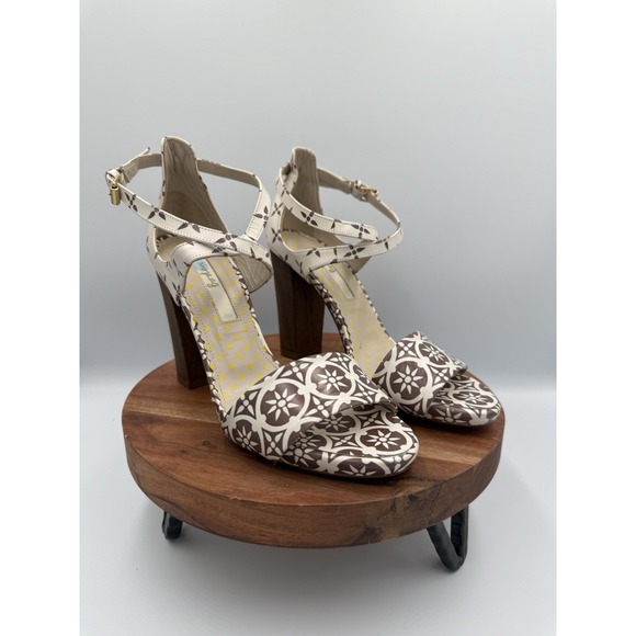 Boden Leather Ankle Strap Wooden Block Heel Sandals Print Woman's Retro Boho - Picture 5 of 6